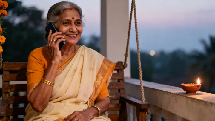 शाम के समय बरामदे में झूले पर बैठी एक दादी मुस्कुराते हुए फ़ोन पर बात कर रही हैं, पास में मिट्टी का दीया जल रहा है।