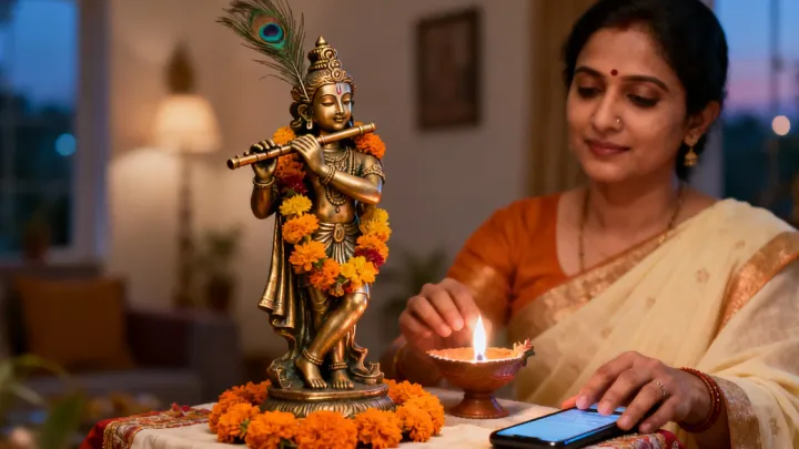 A woman in a cream and gold saree lights a diya beside a brass Krishna murti playing the flute, garlanded with marigolds, with her smartphone on the altar cloth.